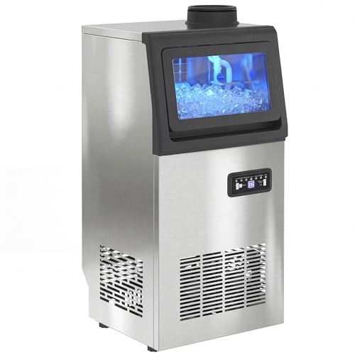 HOMCOM Machine à Glaçons Commerciale 36 kg/24H, Acier inoxydable, Ice Maker Professionnel, Capacité 7,5 kg, 36 Cubes par 10 Minutes, Nettoyage Automatique, Minuterie, à Encastrer ou à Poser, Argenté