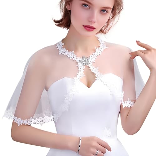 White Lace Shawl Wraps For Women Formal, Bolero Shrugs Shoulder Cover For Evening Dresses Formal, Wedding Bridal Cape Lace Cover Up Chiffon Scarf
