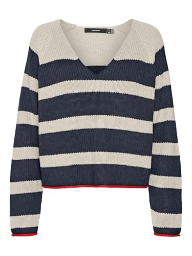 VERO MODA Vmfabulous LS V-Neck Short Pullover Boo Suéter pulóver, Blazer/Rayas Marinas: w. Birch + Fiery Red Contrast, XS para Mujer
