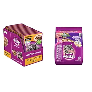 Whiskas Kitten (2-12 Months) Wet Cat Food, Chicken in Gravy, 12 Pouches (12 x 85g) and Kitten (2-12 Months) Dry Cat Food, Mackerel Flavour, 450g Pack