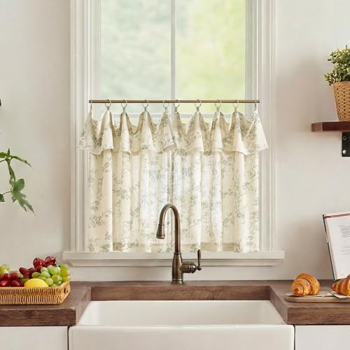 jinchan Green Floral Kitchen Tier Curtains with Valance, 24 Inch, 2 Panels
