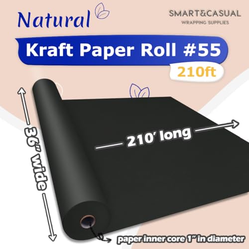 Image of SMART&CASUAL 36 inch x 2,520 inch (210') Black Kraft Craft Paper Roll for Gift Wrapping Bulletin Board Bouquet Flower Art Packing Parcel Table Covering 80GSM 55LB (Black, 36 inch x 210')