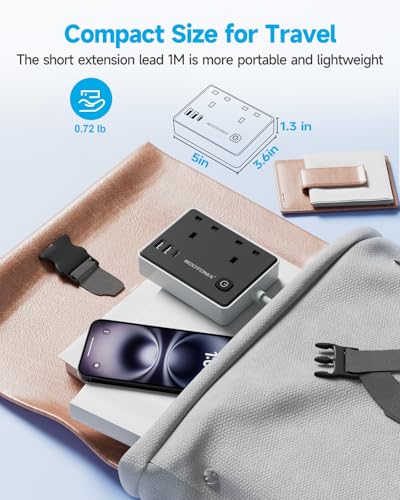 Black Extension Lead 1M with 3 USB Slots (1 USB C), 2 Gang Short Extension Lead with Switch, Small Power Strip for Travel Home Bedroom Kitchen Office, Surge Protected, Black - Image 4