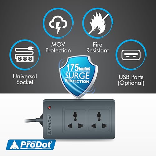 Image of ProDot Power Spike Guard, Strip Surge Protector with Master Switch and 2 Outlets, Heavy Duty Extension Cord for Home, Office, Travel & Phone Charging Bricks (1.5 Meter)