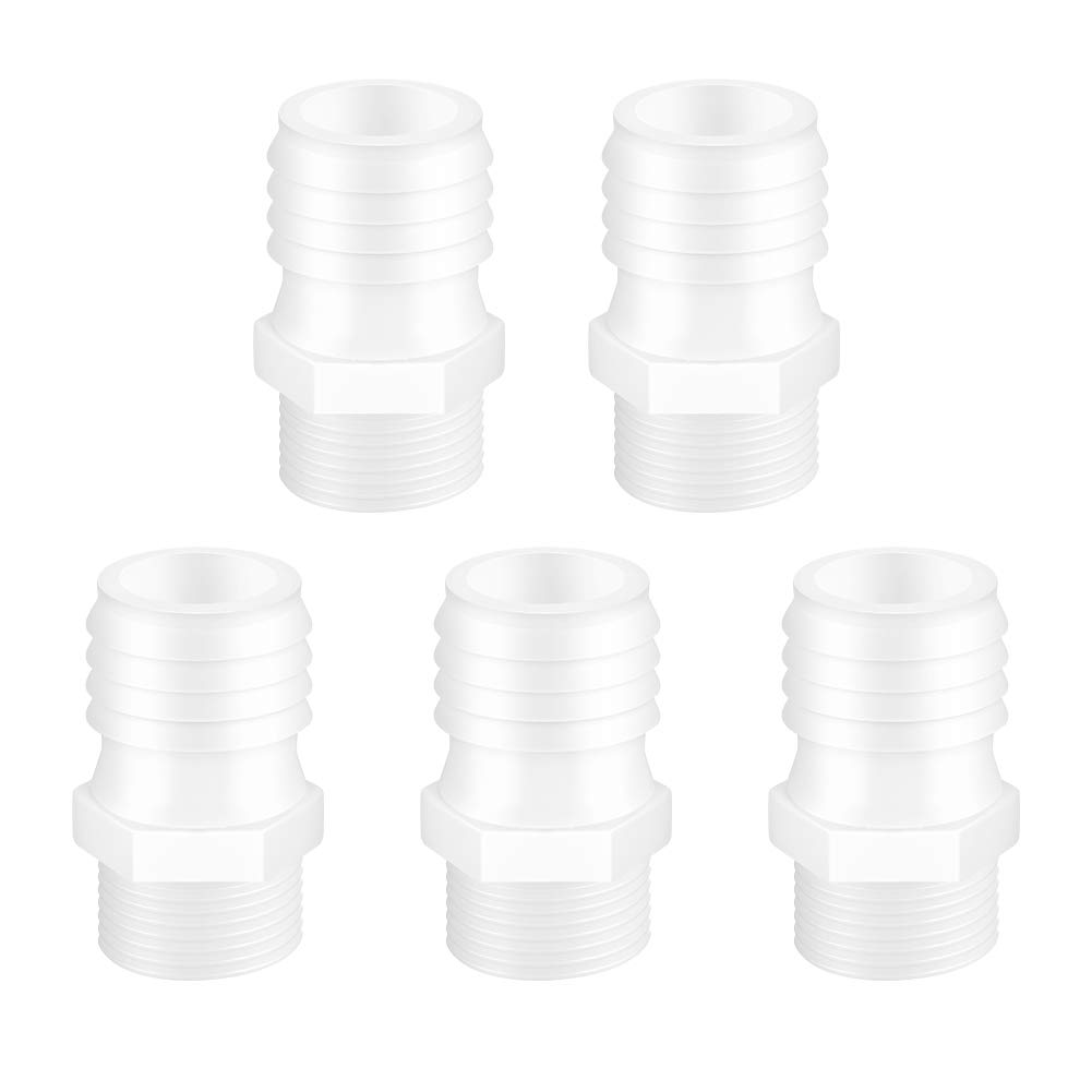 Quickun Plastic Hose Barb Fitting, 1" Barb to 3/4" Male Thread White Adapter Union Fitting (Pack of 5)
