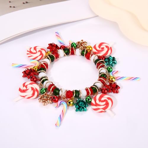 Christmas Beaded Bracelets for Women Fun Candy Cane Lollipop Present Bow Jingle Bell Pendant Elastic Stretch Bracelet Xmas Red Green Beads Friendship Holiday Party Bangle Wrist Jewelry Gift2