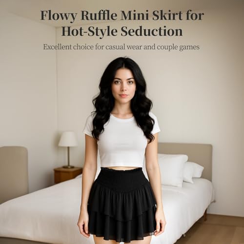 Cute Black Ruffle Skirt, Three-Tiered Design With Stretchy Waistband, Short Length, Breathable Fabric, Perfect For Casual Or Party Wear4