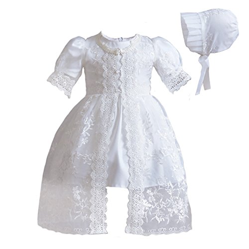 Baby Girls 3Pcs Organza Lace-Overlay Christening Gown Baptism Dress with Bonnet