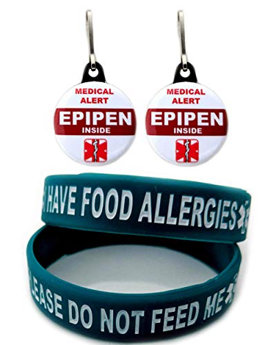 UltraBeatusDesigns I Have Food Allergies Allergy Bands for Kids Teal 2pcs Toddler Size and Medical Alert Epipen Inside Bag Tag 2pcs