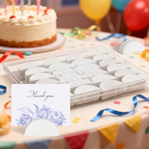 Image of 24Pcs White Wood Table Number Stands, Wood Place Card Holders | Include Traceless Adhesive Stickers, Semicircular Design Place Card Holders for Wedding, Ceremony, Birthday, Party, Events