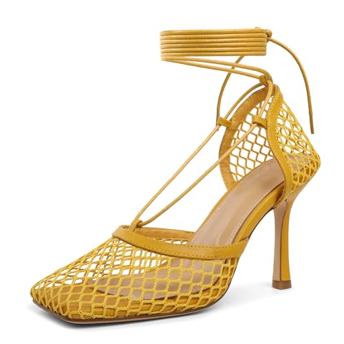 SAMMITOP Lace Up Heels for Women Ankle Strappy Stiletto High Heeled Sandals Mesh Heels Square Closed Toe Dress Shoes 3.5 Inch Yellow US Size 7
