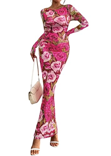 PRETTYGARDEN Bodycon Maxi Dress 2025 Fall Floral Long Sleeve Sexy Mesh Cocktail Wedding Guest Long Dresses (Pink Flower,Large)