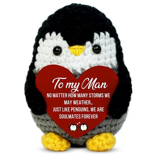 Image of Valentines Day Gifts for Him - to My Man Penguin Gift - Handmade Crochet Penguin with Heart, Romantic Gift for Boyfriend or Husband, Cute Soulmate Keepsake