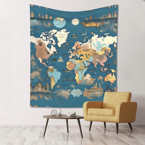 Tapisserie murale carte du monde drapé durable décoration maison grand tissu mural salon