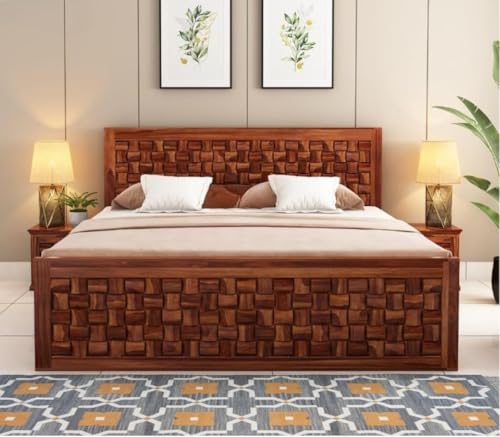 Image of Sheesham Wood 1 Bed Without Storage Solid Wooden Cot Bed Elegant and Functional Bedroom Living Room Home (Honey-Newar, King)