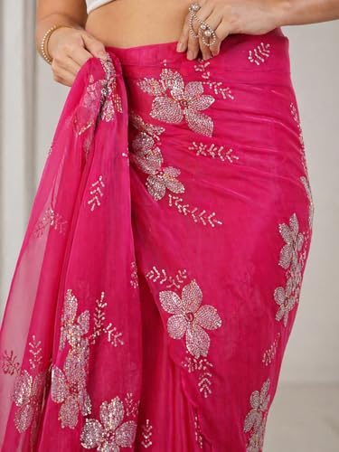 Image of AKHILAM Women's Shimmer Pure Georgette Embroidered Ready To Wear one Minute Saree With Unstitched Blouse Piece