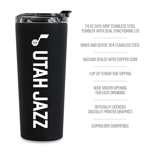 Image of Rico Industries NBA Basketball Utah Jazz Black 24oz Stainless Steel Tumbler with Lid and Dual Functioning Lid