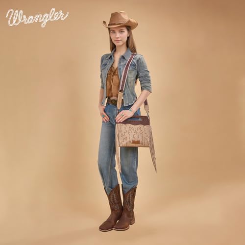 Image of Wrangler Western Handbag for Women Crossbody Bag Top Handle Shoulder Bag Embossed Cowgirl Fringe Purse