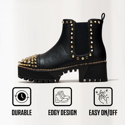 Cape Robbin Women's Platform Combat Boots Pull-on Ankle Booties, Studded Goth Punk Boots with Spiky Design & Chunky Heel (Spiky)2