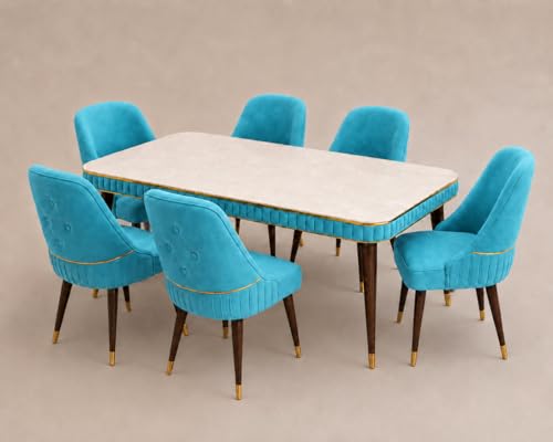 Image of WOODEN SPACE 6-Seater Wooden Dining Table Set | Nano Composite Marble Top | Solid Wood Base | Modern Dining Room Furniture with 6 Chairs (Sky Blue Grand Aura)