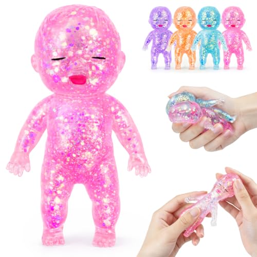 Baby Squishy Glittery- 4 Soft Squeezable Fidget Toy Cute Sparkly Sensory Decompression Doll for Adults Desk Decor & Anxiety Relief Ideal for Birthday Gifts Party Favors Classroom Prizes (Pink)