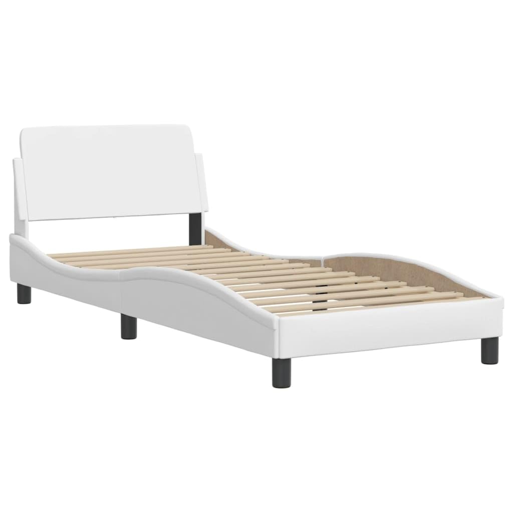Estructura de cama Viana con LED completamente blanco, 90 x 200 cm, piel sintética, cabecero de madera contrachapada y metal, diseño ondulado, moderno, cama tapizada para jóvenes y