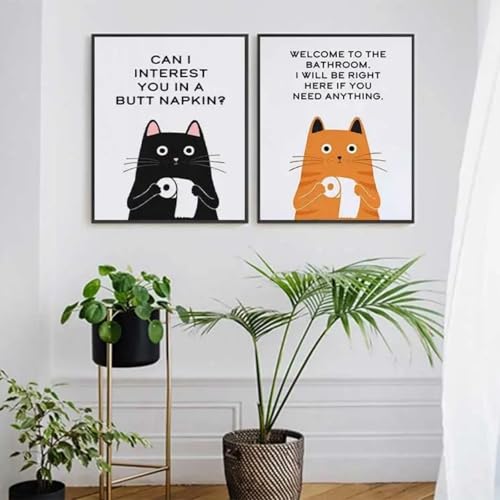 2pcs abstrait humour drôle citation affiches, noir et blanc, animaux de compagnie Orange chats impressions, peinture sur toile, photos d’art mural, papier toilette papier salle de bain chambre salon d