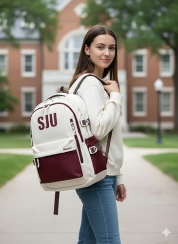 Image of Monvelli SJU Backpack, White and Maroon, Multi-Compartment Design with Side Pockets