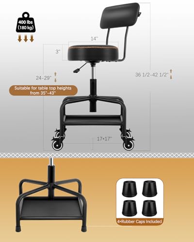 Shop Stool with Lockable Rubber Wheels Adjustable Backrest Tool Tray Storage 400 lb Capacity Rolling Garage Stool (Black)
