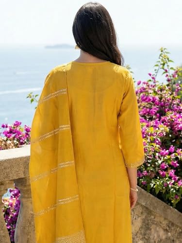 Image of INDO ERA Women's Silk Blend Embroidered Straight Kurta Pant with Dupatta Set