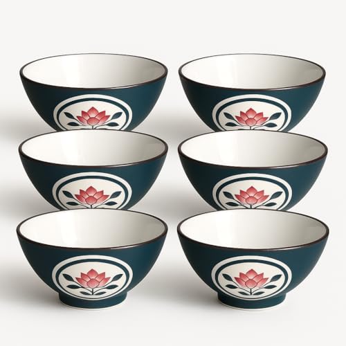 Image of YELONA Japanese Style Ceramic Bowls - 4.8 Inch (300ml), Set of 6 - Floral Design Rice /Noodle Bowls - Microwave & Dishwasher Safe, Ideal for Gifting Choice