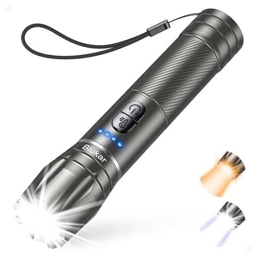 Blukar Linterna LED Recargable Superbrillante, 2 Colores (Blanco Cálido&Blanco Frío), 10 Modos, Zoom, Impermeable, De Larga Duración, Linterna de Mano para Emergencias/Camping/Cortes de Luz