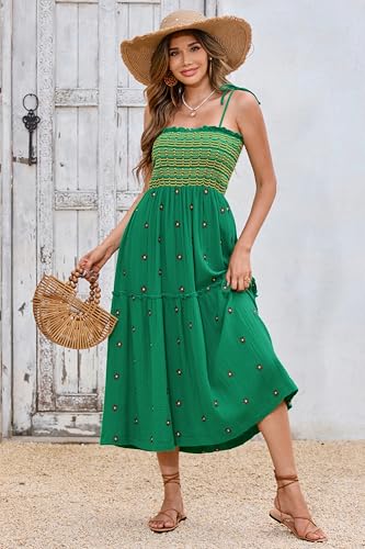 Image of R.Vivimos Womens Summer Cotton Boho Midi Dress 2026 Spaghetti Strap Floral Embroidered Smocked Tiered Flowy Long Dresses