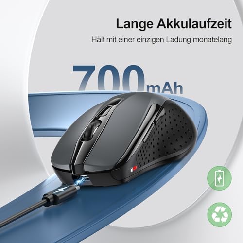 TECKNET Bluetooth Maus, Wiederaufladbare Maus Kabellos(DREI Modi: BT 5.0/3.0 + 2.4G), 4800 DPI, Ergonomische Leise Funkmaus für Laptops, Mac OS, Android, Windows, Grau – Bild 3
