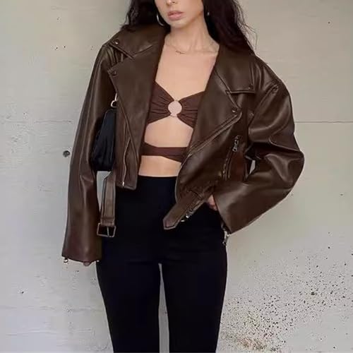 JEKE-DG Women's Faux PU Oversize Fashion Coat Cropped Casual Biker Coat Jacket Blazer Collar Solid Outerwear with Belt2
