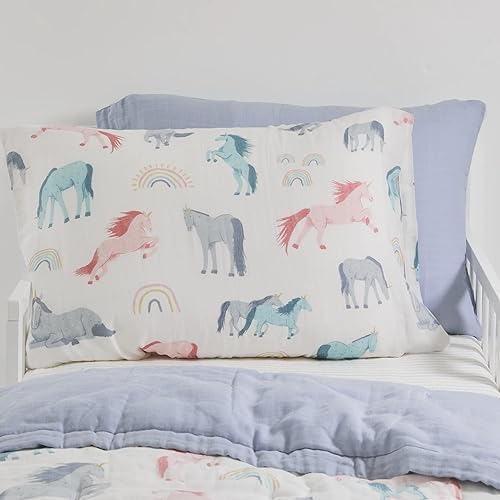 Image of Little Unicorn Standard Pillowcase 2 Pack | Super Soft & Breathable Muslin Fabric | Snug Envelope Closure | for Crib and Toddler Bed (Unicorns)