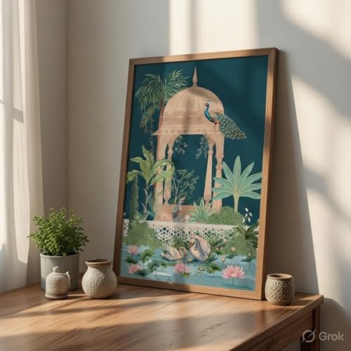 Image of Livin'luxe Royal Peacock Garden Wall Painting with Wooden Frame | Mughal Style Nature Artwork HD UV Laminated MDF Wall Decor | Elegant Peacock Botanical Art for Living Room Bedroom Decor