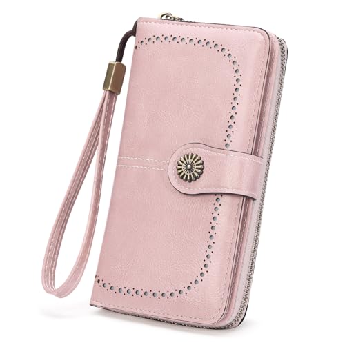 Image of Wristlet Wallets for Women Leather Credit Card Holder Bifold Pink | RFID Blocking, Large Capacity, Ladies Phone Clutch Purse with Zippered Coin Pocket