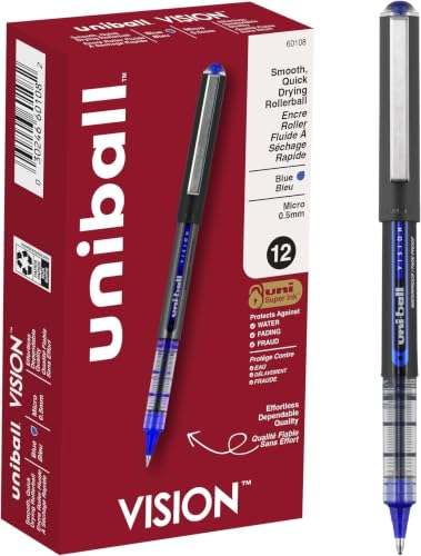 Image of Uniball Vision Rollerball Pen - 12 Count, Blue Pens, 0.5mm Micro Tip Size - Smooth Writing Japanese Pens, School Supplies (Pack of 12)