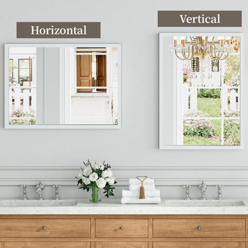 Image of Syndra White Wood Frame Bathroom Mirror, 22''x30'' Modern Vanity Mirror for Wall, Waterproof Slim Deep Frame, Rectangular HD Tempered Glass Mirror for Living Room, Bedroom, Entryway, Rustic, Farmhouse
