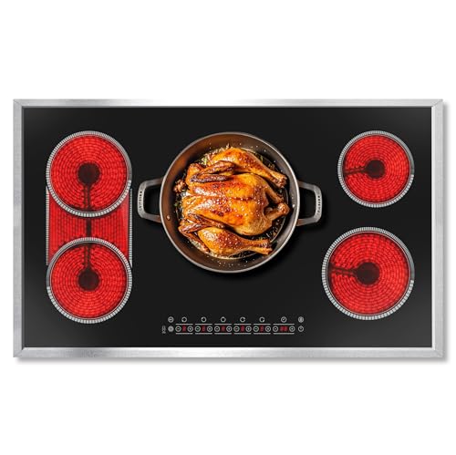 Image of 36 Inch Electric Cooktop, 5 Burner Stove Top Touch Control,220-240V | 36 inch Glass Ceramic Stove Top, 9600W, BBQ & Flexible Zone, Child Lock, Timer, Overheat Protection,220-240V Hard Wired (No Plug)