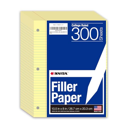 KAISA Loose Leaf Notebook Paper, College Ruled, 300 Sheets Per Lined Paper, 8" x 10.5", 3 Hole Punched for 3 Ring Binder, Canary, Made In USA