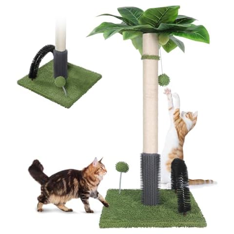 Topmart 29.5” Tall Cat Scratching Post for Large Indoor Cats, Sisal Scratching Post with Self Groomer and 2 Dangling Balls,Green Cover