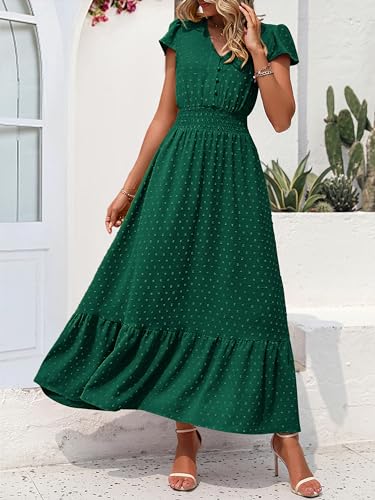 Image of PRETTYGARDEN Womens Dresses 2026 Summer Maxi Dress Boho Short Sleeve V Neck Swiss Dot Ruffle Tiered Smocked Flowy Long Dress