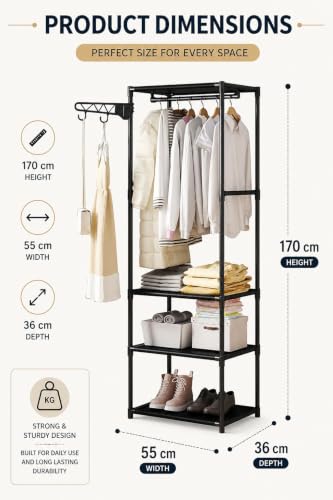 Image of AARKRI SALES 3-Tier Clothes Rack with Wheels, Double Hanging Rod Garment Rack, Multi-Layer Shoe Storage Organizer, Heavy Duty Metal Frame with Hooks for Bedroom Entryway (Black Garment Rack)