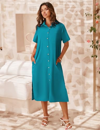Image of Zeagoo Women Dresses Summer Casual Short Sleeve Button Down Shirt Dresses 2026 Beach Cover Up with Pockets
