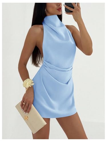 Image of Floerns Women's Ruched Cowl Neck Halter Mini Dress Tie Backless Night Out Dresses