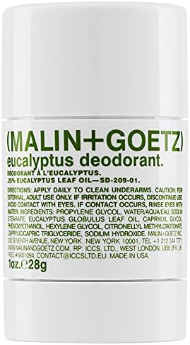 Malin + Goetz Travel Mini Eucalyptus Deodorant, natural effective odor & sweat defense, for all skin types, clear color, no residue/stains, free of aluminum, alcohol, baking soda, parabens 1oz
