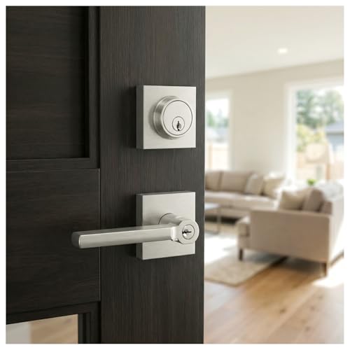 Image of Nuk3y Hulk Series Lever Door Handle Slim Square Modern Contemporary Lever Set (Entry & Deadbolt Combo [Keyed Alike], Satin Nickel)