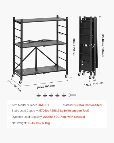 Image of VEVOR 3-Tier Foldable Storage Shelf, 30W x 13D x 36H Inch Folding Metal Rack Shelving Unit, No Assembly Organizer Shelf with 5 Wheels & 4 Hooks for Pantry, Kitchen, Garage, Basement, Black